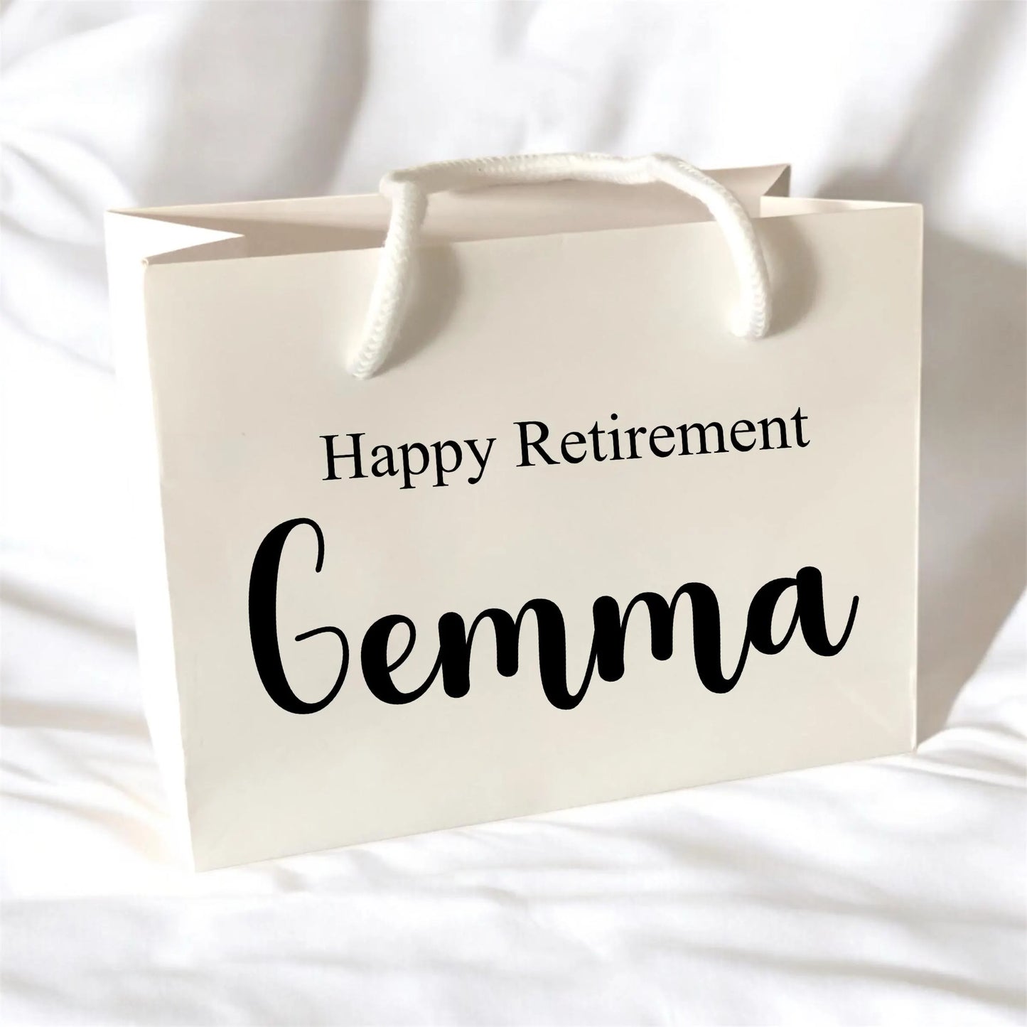 White Happy Retirement Gift Bag With Rope Handle Personalised With Name Small Medium Large Bags Gifts Present Table Gift Surprise