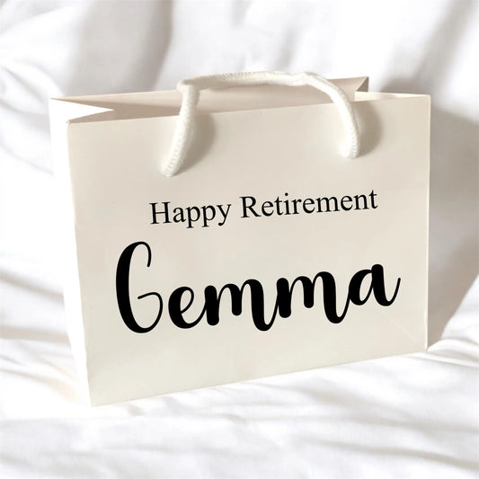 White Happy Retirement Gift Bag With Rope Handle Personalised With Name Small Medium Large Bags Gifts Present Table Gift Surprise