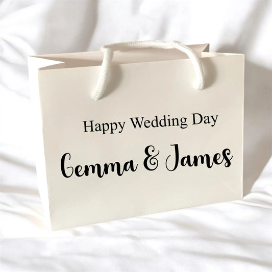 White Happy Wedding Day Custom Name Gift Bag With Rope Handle Personalised Small Medium Large Bags Gifts Present Table Gift Surprise